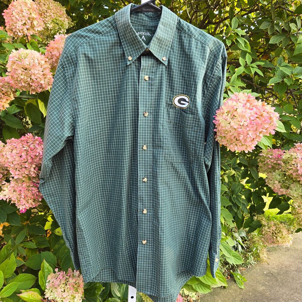 Green Bay Packers NFL Antigua Green White Check Grid Buttondown Shirt size Small
